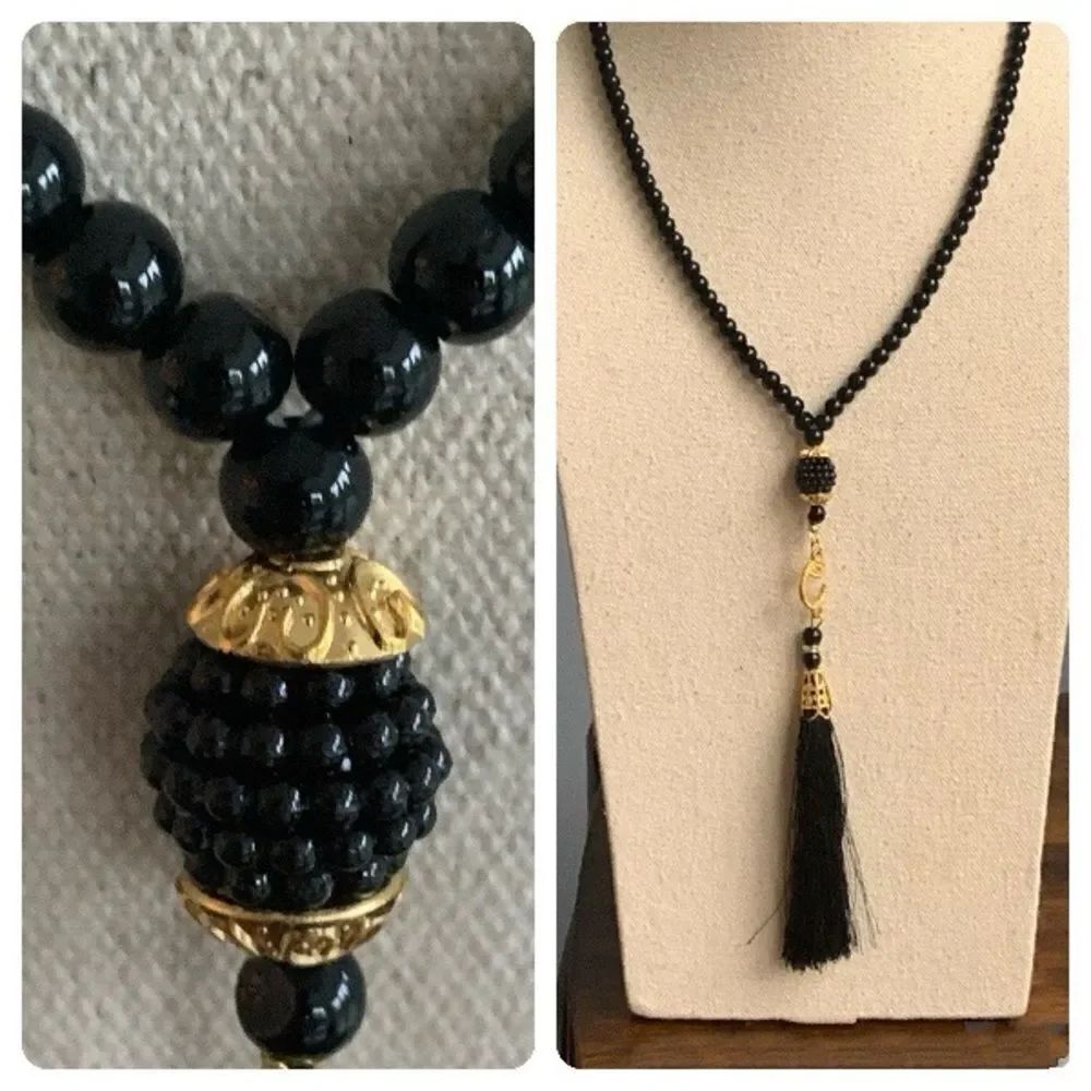 Black Bead Gold Tone Tassel Necklace Long Art Deco Flapper Style
